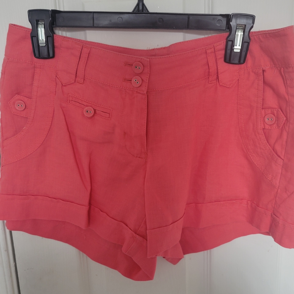 Vantarsi 100% Linen Women's Beachy Resort Wear Bohemian Summer Coral Shorts Sz M